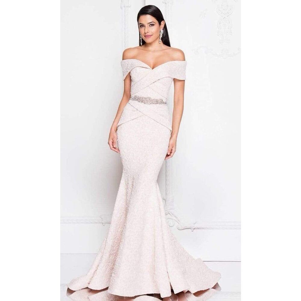 Terani Couture Womens Pink Blush Off Shoulder Jacquard Mermaid Formal Gown Sz. 6 - Picture 11 of 12